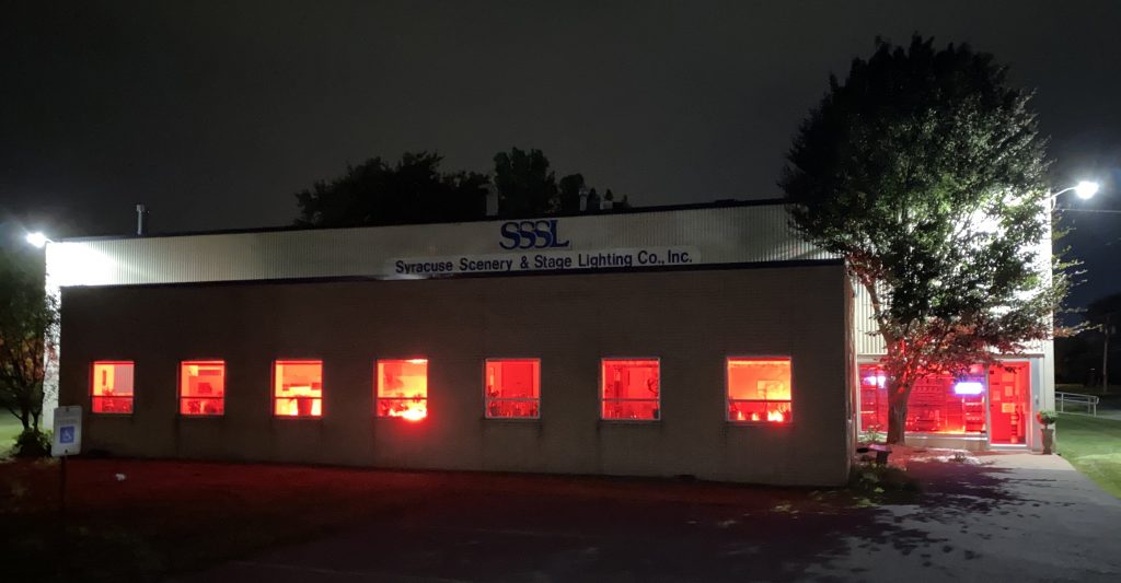 Photo of our building lit up red for the We Make Events event in September 2020