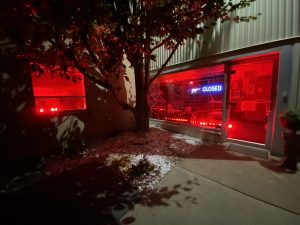 Photo of our showroom lit up red for the event